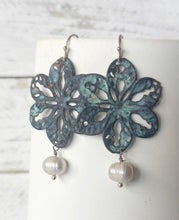 Load image into Gallery viewer, Blue Patina Flower Earrings