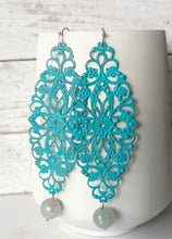 Load image into Gallery viewer, Hand-Painted Turquoise Filigree & Aquamarine Earrings