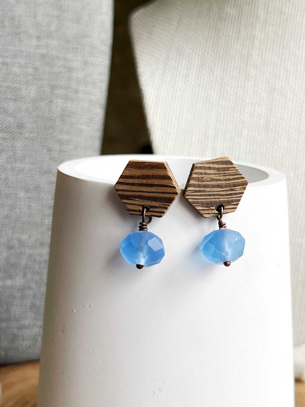 Wooden Hexagon with Periwinkle Glass Earrings