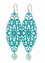 Load image into Gallery viewer, Hand-Painted Turquoise Filigree &amp; Aquamarine Earrings

