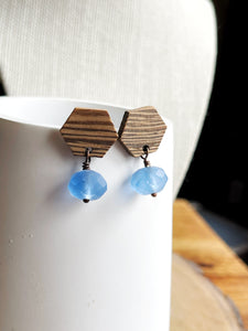 Wooden Hexagon with Periwinkle Glass Earrings