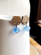 Load image into Gallery viewer, Wooden Hexagon with Periwinkle Glass Earrings
