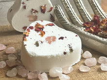 Load image into Gallery viewer, Rose Quartz &amp; Rose Heart Shaped Bath Bomb
